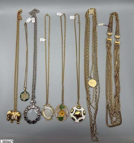 Gold Color Necklaces, Lockets, Pendants, Elephant Magnifying Glass, Triple Strand Bracelet and Necklace Set image