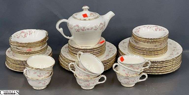 Pope Gosser Rose Pattern Dinner Ware, Tea Pot, Cups, Saucers, Lunch and Dinner Plate and Bowls, Some Wear to a Few Pieces image