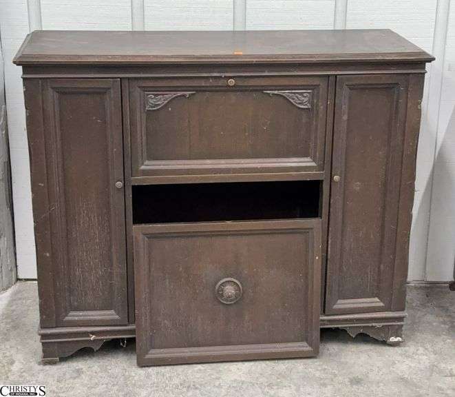 Vintage Stereo Console, Empty Cabinet Has Drop Front and Removable Doors, Sides Open Where Speakers Were, Has Wear and Needs Cleaned, Product Tag ZORK MFG. CO. and Measures 42x15x34" image