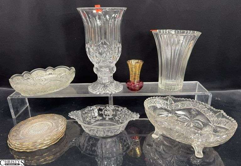 Crystal Hurricane Candle Holder, Glass Bowls, Saucers, Vase - 10" T of hurricane image