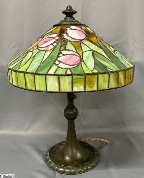 Art Nouveau Bronze Table Lamp w/ Tulip Motif Stained Shade - 16" x 24" overall - cut cord image