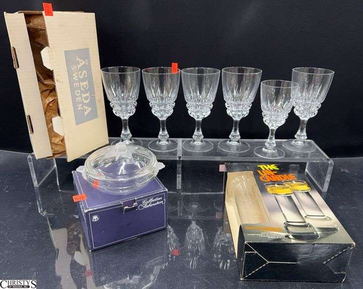 Cristal d Arques Pompadour Crystal Stems, Un-Candle Floating Candle Set Corning, Walther Glas Lidded Dish, Aseda Vase - 10" of tallest image