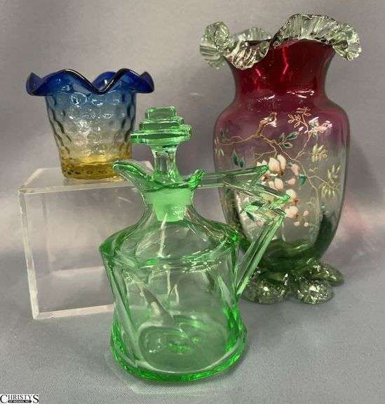 3pcs Early Glass - Cruet, Hand Painted Vase, Toothpick - 7" of tallest image
