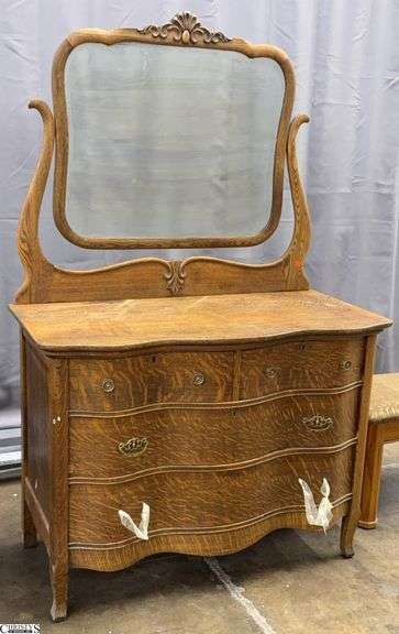 4 Drawer Serpentine Front Dresser and Mirror 44x22x33 Showing Finish Wear Mirror is 42x34 image
