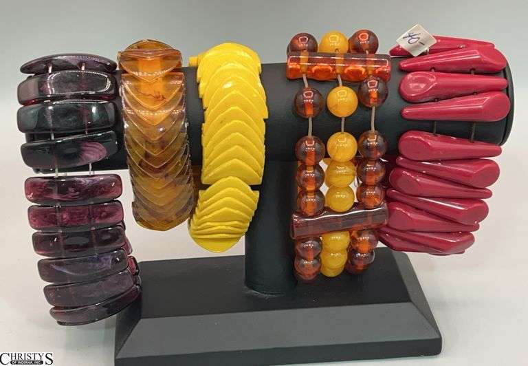 5 Marked Celluloid, and Alike Material Beaded Bracelets, Some Wear image