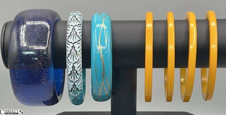 7 Bangle Bracelets, Bakelite Mustard Colored Stack, Turquoise Colors, Cobalt Blue image