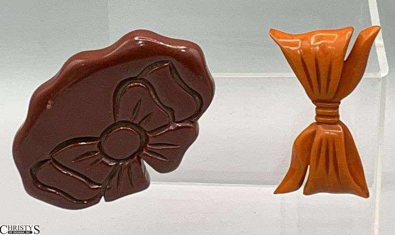 2 Bakelite Bow Brooches, Brown and Tan, 3x2" Largest image