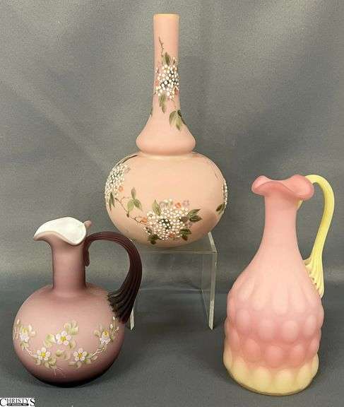 Hand Painted Cased Glass Vase and Cruets - 3pcs - 8" image