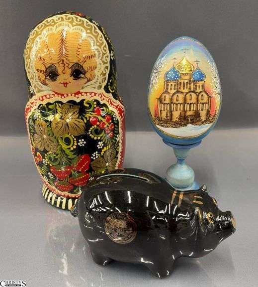 Russian Nesting Dolls, Painted Egg, Piggy Bank, Tallest Doll 8.5" image