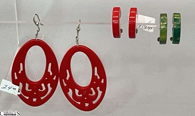 3 Pairs of Bakelite Earrings Turtle Shell, and Tomato Red. Largest 2.5" Tall image
