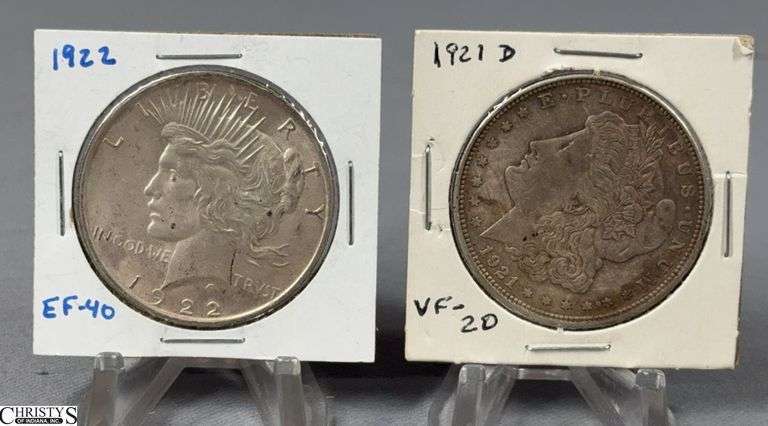 1921-D Morgan Silver Dollar and a 1922 Silver Peace Dollar image