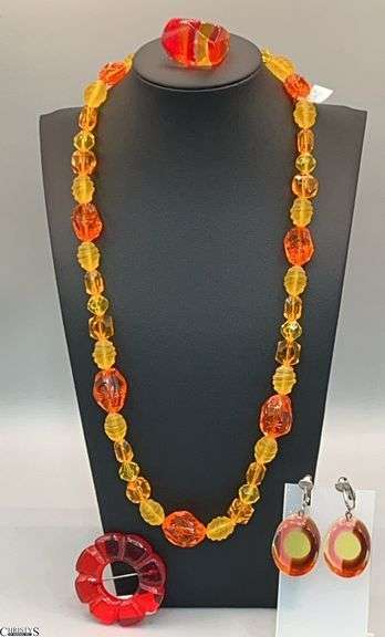 Lucite Red Pin, Multi Colored Ring Size 8, Beaded Necklace, and Pair of Earrings image