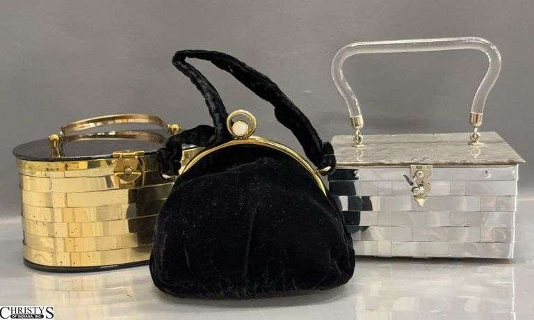 3 Vintage Ladies Purses - Woven Metal and Lucite, Velvet - 6" x 6" x 3" of largest image