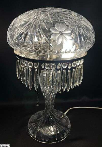American Brilliant Period Etched Glass Parlor Lamp - 12" x 20" - missing some prisms image