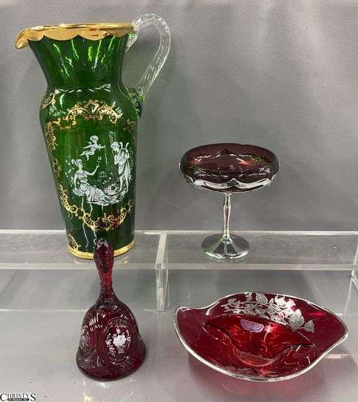 Print Decorated Green Glass Ewer Pitcher, Silverplate Decorated and Cased Dish and Tazza, Hand Painted Red Glass Bell - 12" of pitcher image