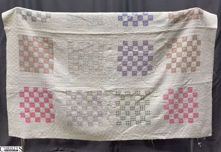 Handmade Check Block Pattern Quilt - 75" x 76" approx - some wear image