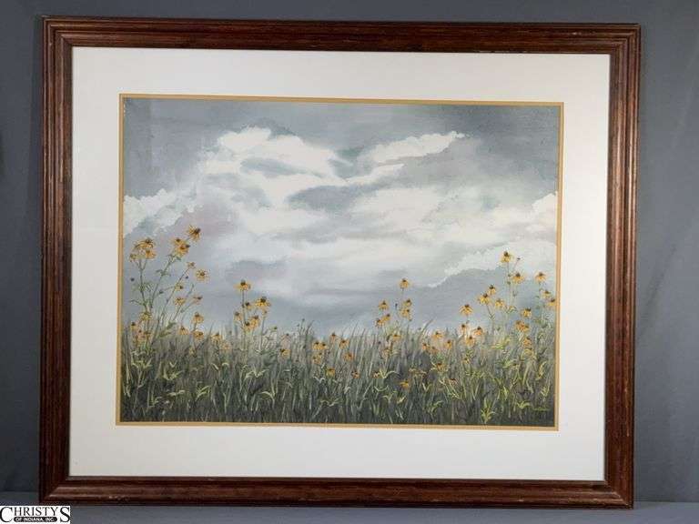 Signed Jo Dahm Wildflower Landscape Watercolor - 39" x 32" of frame image