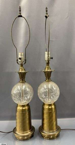 Pair of Vintage Table Lamps, Crackle Globe and Brass Base, 30.5" image