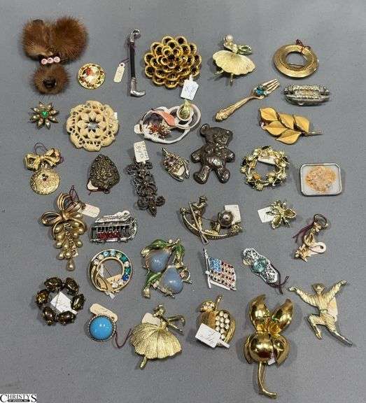 Costume Pins, Marked GF, K Lane, Cut Steel, Art Deco Filigree With Aquamarine Stone, Fur, Bone, Floral, Figures image