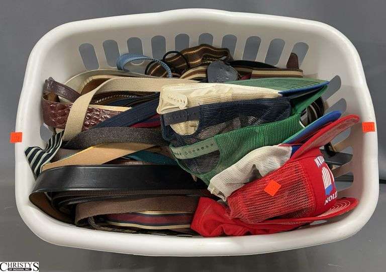 Men's Baseball Hats, Assorted Belts (Ladies & Mens), Laundry Basket - 24" of basket image
