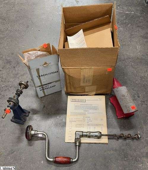 Heathkit Chassis Parts, Small Anvil, Grinder Worklamp, Hand Drill - 23" of drill image