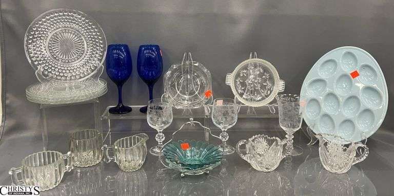 Cut Crystal Cream and Sugar, Etched Small Stems, Cobalt Stems, Egg Plate, Plates 8.5" image