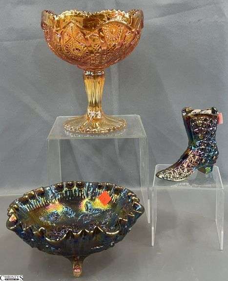 3pcs Carnival Compote, Footed Bowl, and Small Fenton Bootie, Largest 6.5x8" Tall image