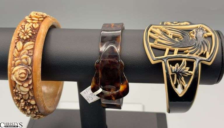 3 Total Bracelets 2 Celluloid Bracelet 1 Wood and Celluloid 3" Round image