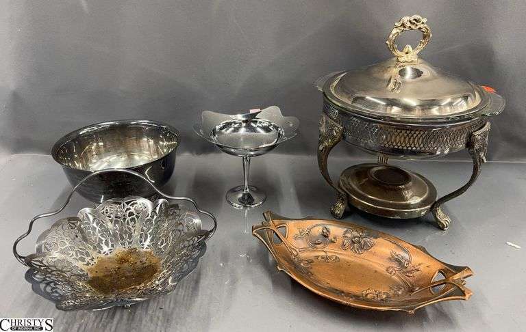 Silverplate Casserole, Basket, Bowl, Tazza, Copper Tone Tray - 9" x 9" of largest image