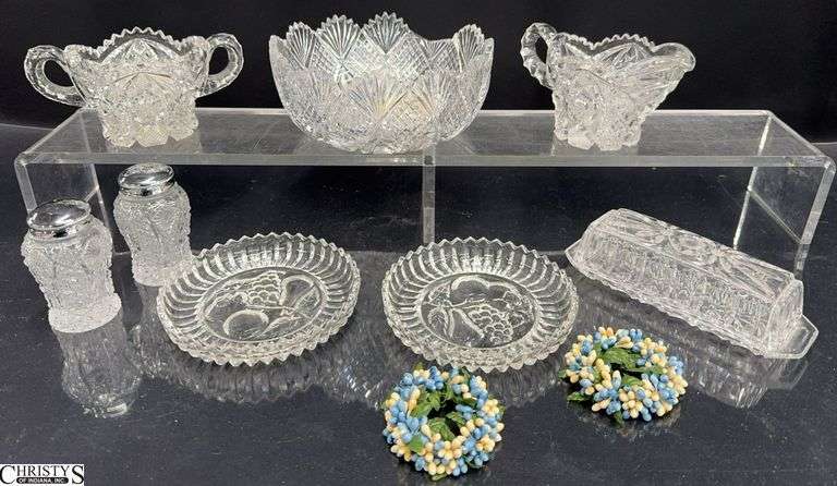 Pressed Glass Sugar and Creamer, Butter Holder, Salt and Pepper, Lidded Dish, Cut Glass Bowl (Damaged) - 7" D of largest image