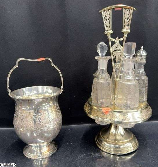 Victorian Etched Glass Cruet Set and Silverplate Handled Chiller - 15" of tallest image