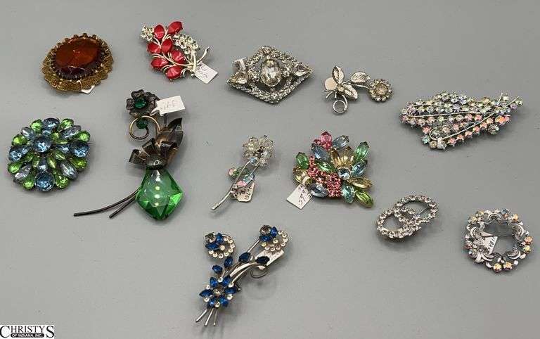 Costume Pins, Brooches, Rhinestones, One Large Green Gem Gold Filled image