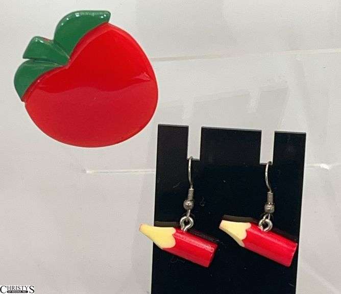 Bakelite Apple Pin 1.5"w X 1.75" Tall, 2 Pencil Earrings image