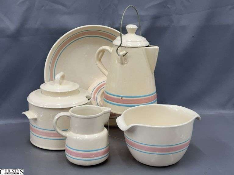 5 Nelson McCoy Pink & Blue Stripe Pottery - Serving Bowl, Coffee Pot, Mixing Bowl, Pitcher - 13.5" D of serving bowl image