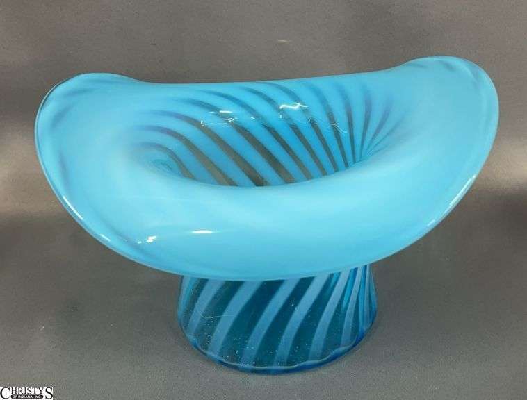 Fenton Glass Blue Opalescent Optic Swirl Top Hat Vase - 9" x 6" image