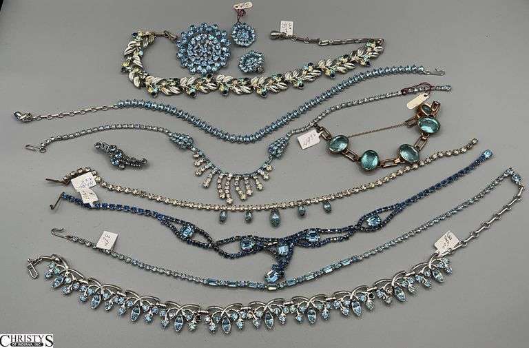 Blue Tone Rhinestone Costume Jewelry, Pin and Earring Set, Pin, Chokers, One Clasp Marked GF image