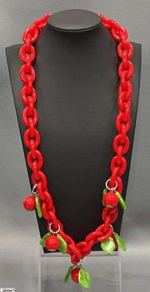 Retro Cherry and Green Leaf Necklace, Unmarked image