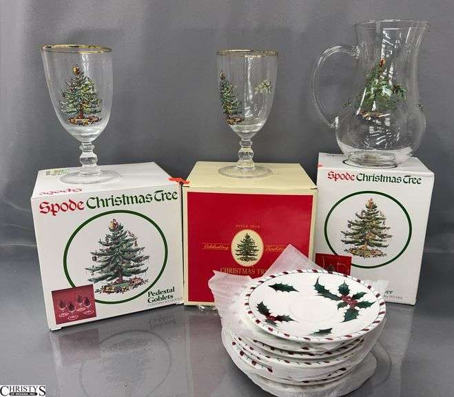 Spode Christmas Tree Glass Pitcher, 8 Pedestal Goblets, Holly Motif Saucers - 6" of saucer. One box has a single stem non matching. image