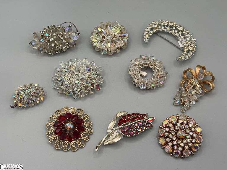 Gem and Rhinestones Pins, Crystal Bow Brooch, Garnet and Ruby Colored, Aurora Borealis Lisner image