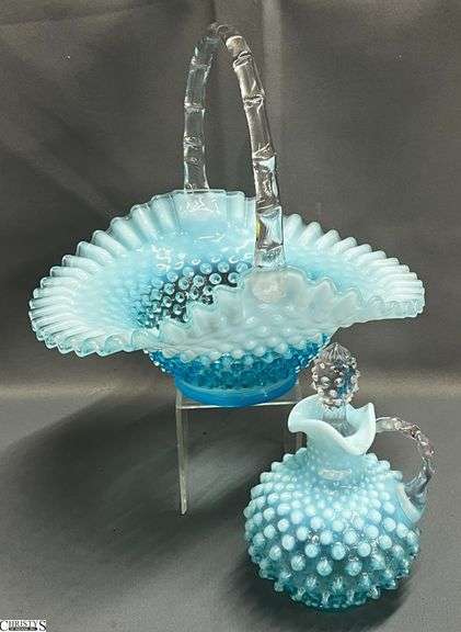 Fenton Glass Hobnail Ruffled Edge Basket and Cruet - 2pcs - 8" x 9" image