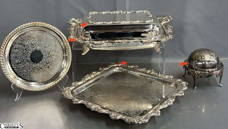 Poole Silverplate Footed Tray and Vegetable Dish, Small Silverplate Tray and Condiment - 4pcs - 12" x 12" of largest tray image
