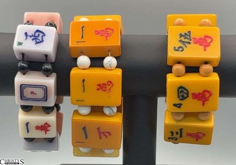 3 Mahjong Beaded Stretch Bracelets, One Marked Bakelite image