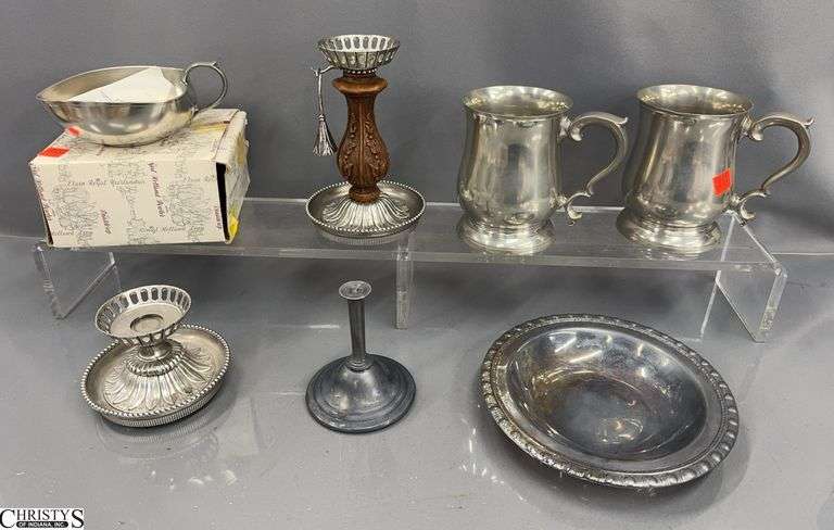 Pewter and Pewter Tone Steins, Candlesticks, and Dish - Stieff Williamsburg, Royal Holland, and Others -  7" of tallest, one needs repair image