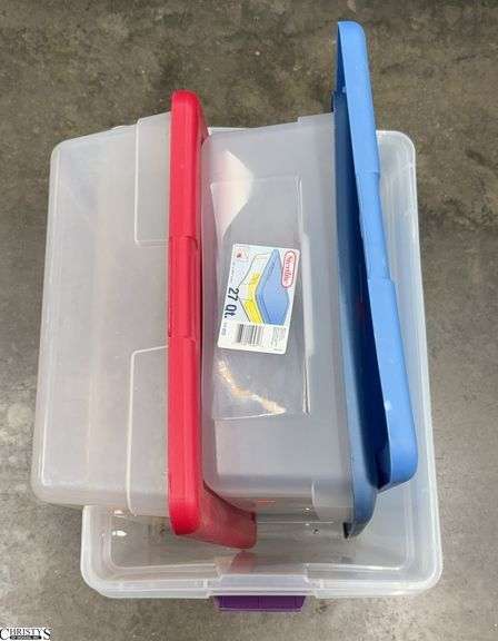 4 Storage Totes, One Larger Missing Lid, 66qt image