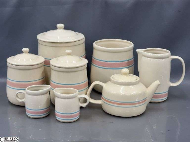 8 Nelson McCoy Pink & Blue Stripe Pottery Canisters, Teapot, Pitcher, Creamers - 9" of tallest image