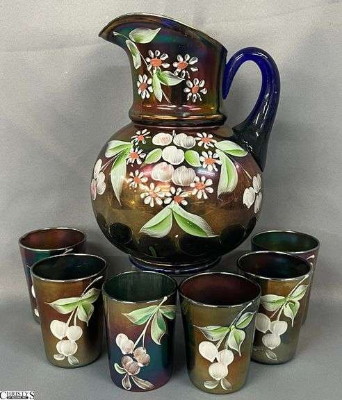 Fenton Glass Hand Painted Carnival Cherry Blossoms Pitcher and 6 Glasses - 10" of pitcher image