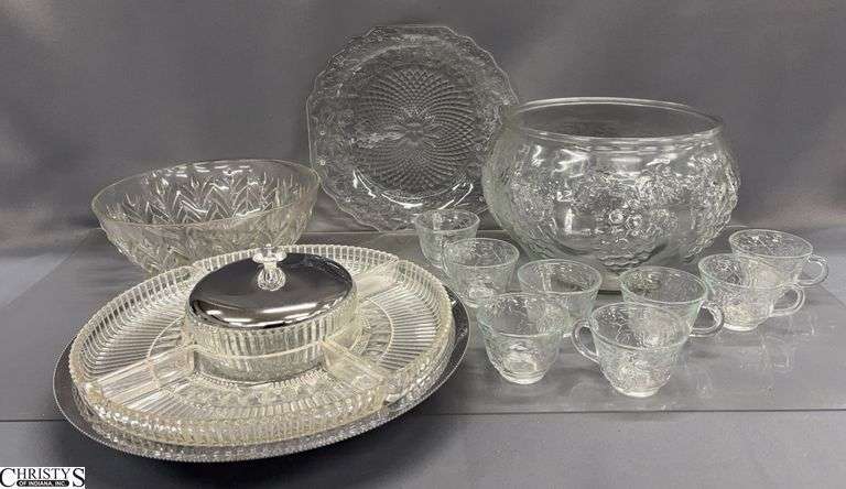 Kromex Appetizer Server, Glass Punch Bowl and Cups, Glass Bowl and Plate - 14" D of largest image