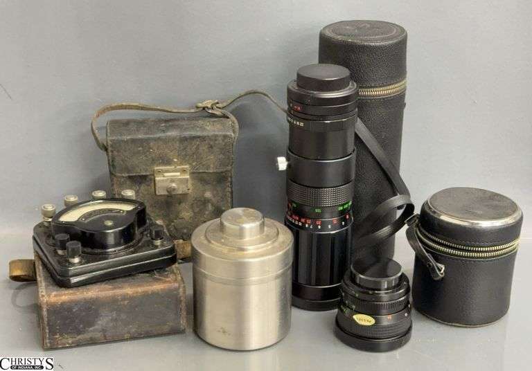 2 Sears Camera Lens, Weston Volt Meters, Film Developer Canister  - 8" of largest lens - some wear image