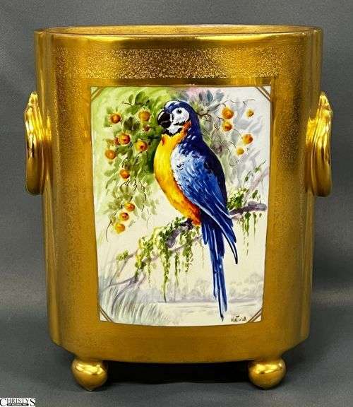 Hand Painted Gilt Accent Parrot Motif Porcelain Waste Can - 7" x 8" image