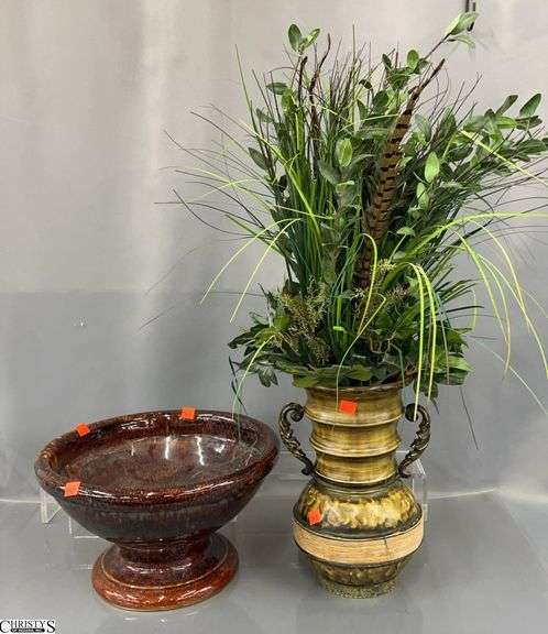Footed Pottery Planter, Artificial Flower Arrangement In 12" Vase image